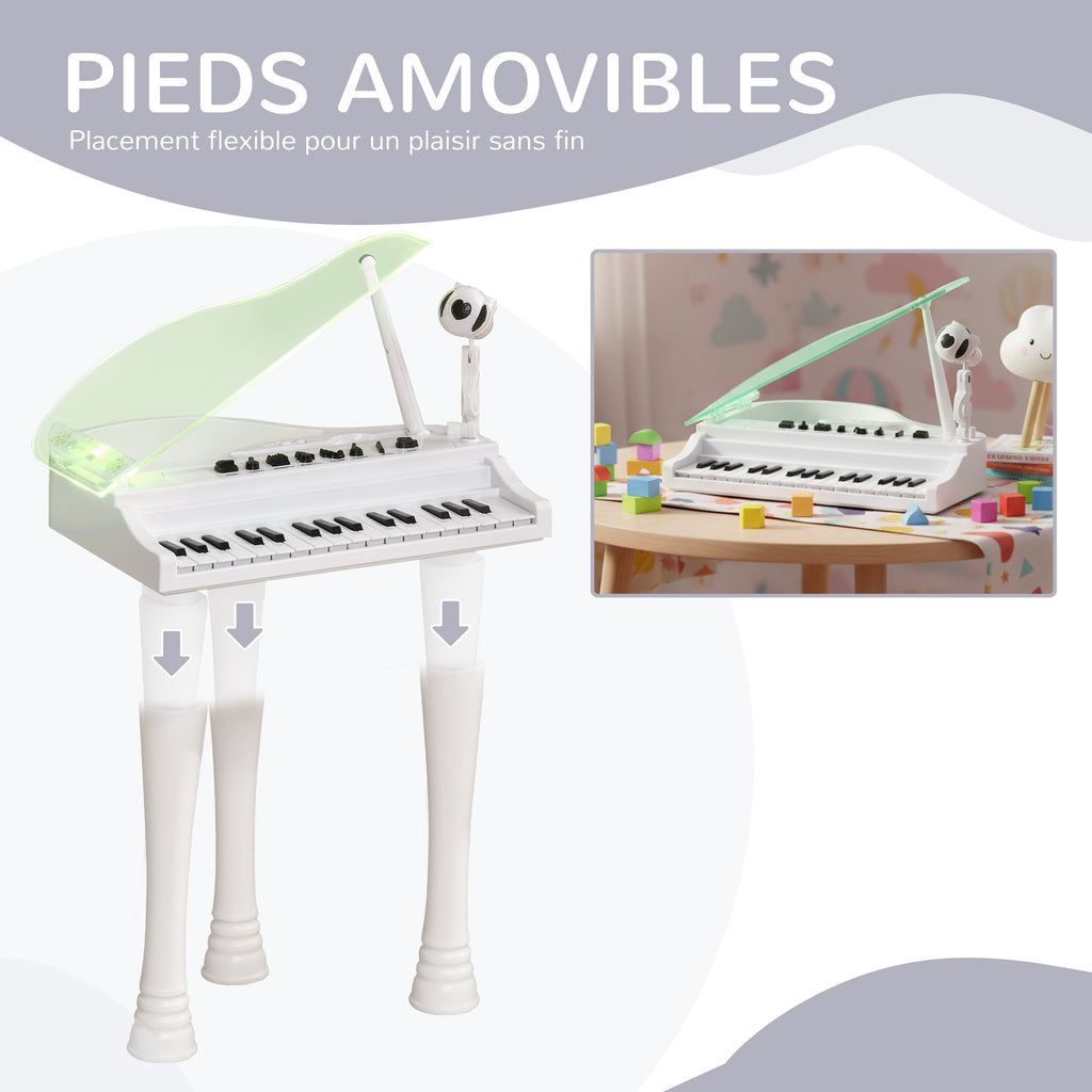 Piano enfant électronique 32 touches multifonctions avec micro haut parleur tabouret couvercle lumineux LED blanc