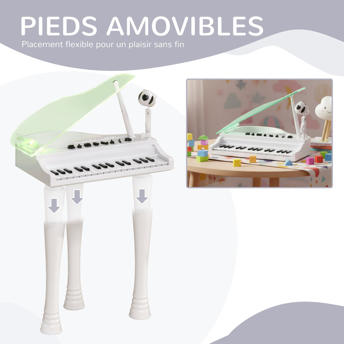 Piano enfant électronique 32 touches multifonctions avec micro haut parleur tabouret couvercle lumineux LED blanc