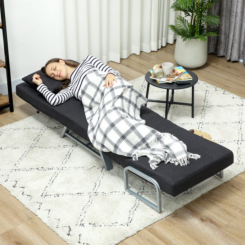Fauteuil chauffeuse canapé-lit Convertible inclinable 1 Place Coussin lombaires accoudoirs piètement métal Lin Noir
