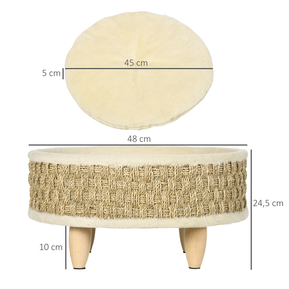 Emelt, fonott kisállatfekhely mosható párnával, bézs, Ø 48 cm