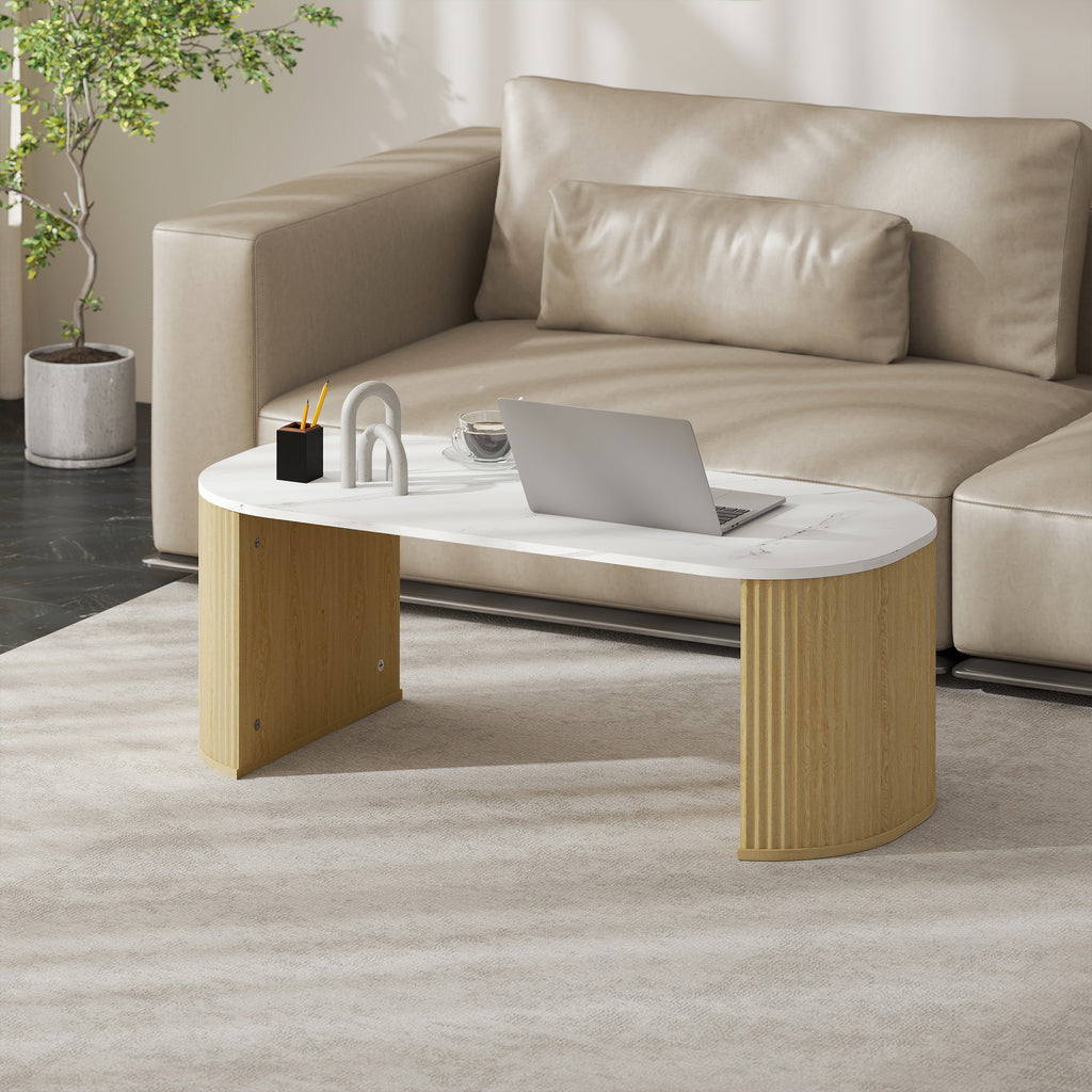 Table basse ovale, table d'appoint aspect effet marbre, coins arrondis pieds épais, 110 x 50 x 40 cm, blanc-8