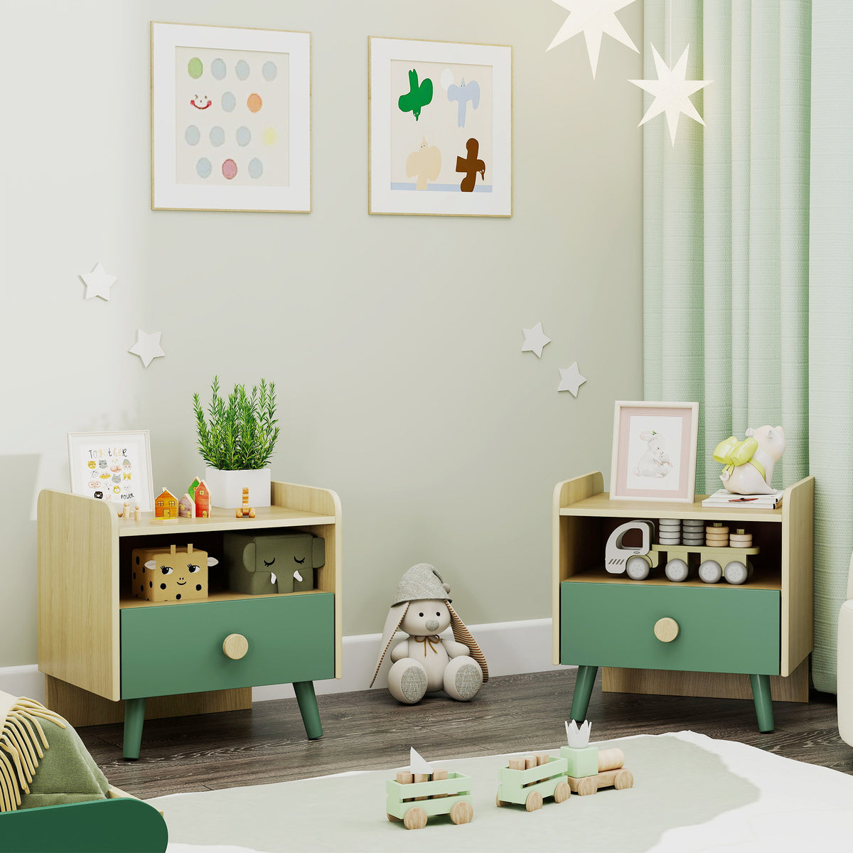 Lot de 2 tables de chevet enfant, tables de nuit enfant avec tiroir et niche, pour chambre d'enfant, 40x32,5x40cm, vert-9