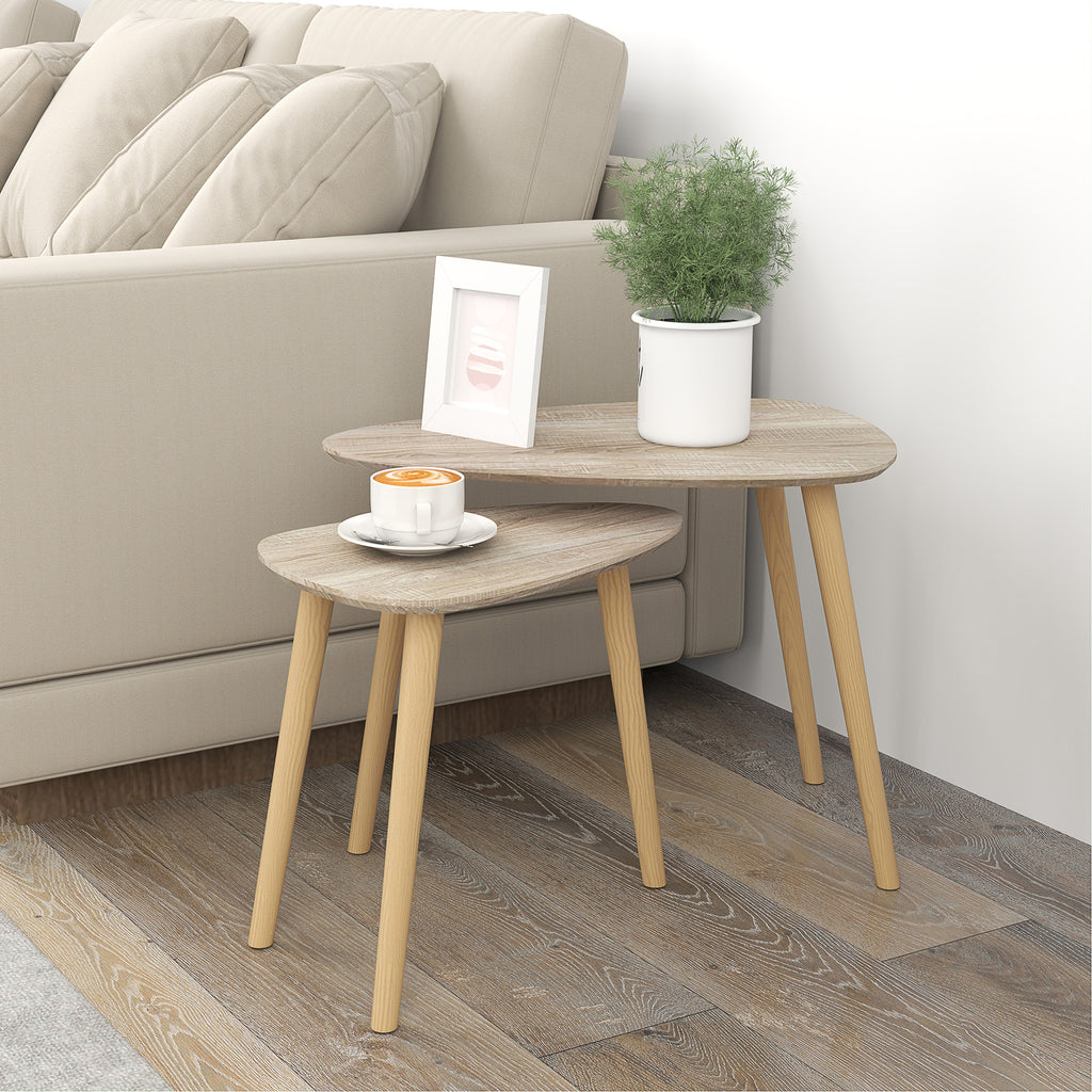 Lot de 2 tables basses gigognes design scandinave pieds en bois et plateau en bois, aspect naturel-9