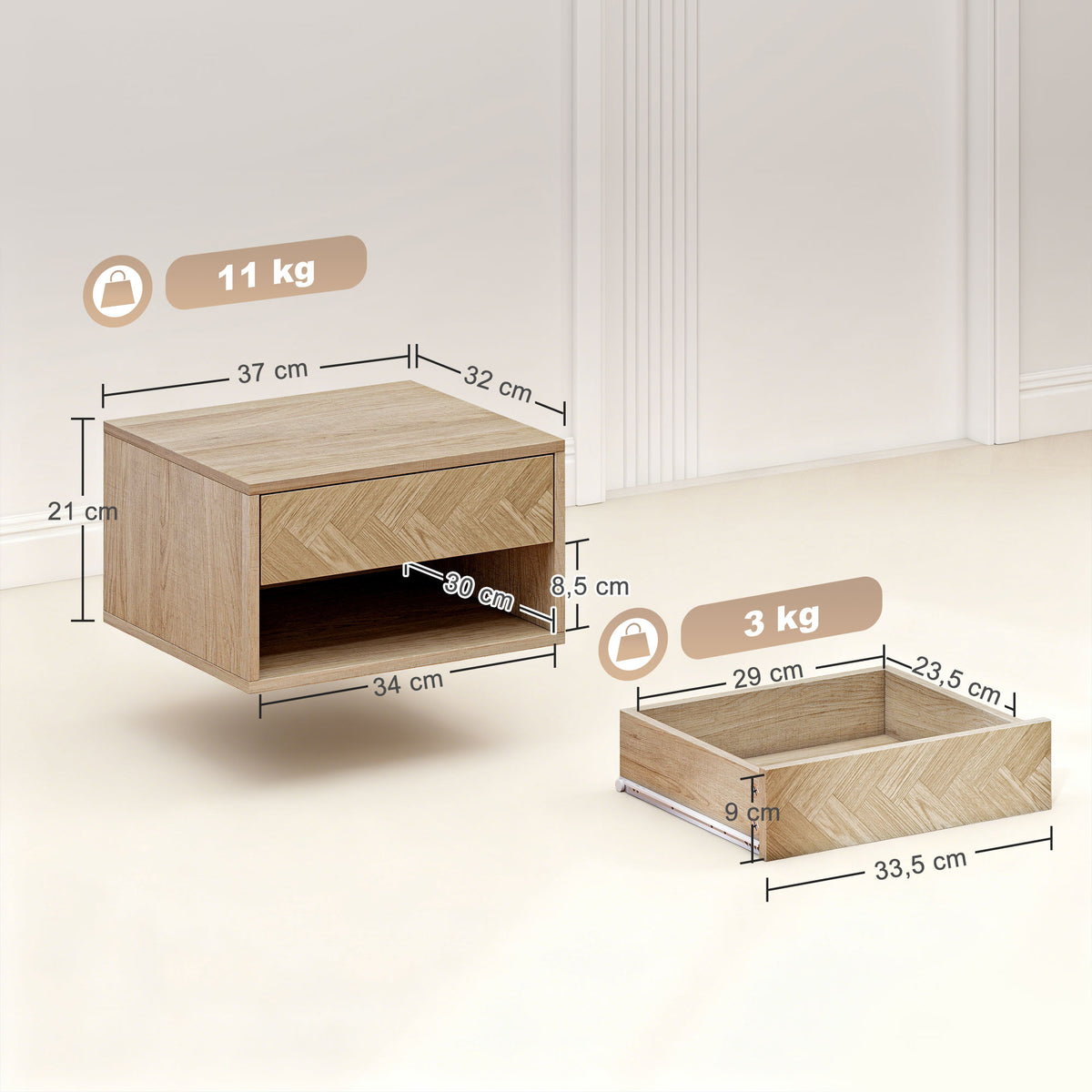 Lot de 2 tables de chevet murales, tables de nuit, tiroir, compartiment ouvert, plateau, 37 x 32 x 21 cm, bois naturel-2