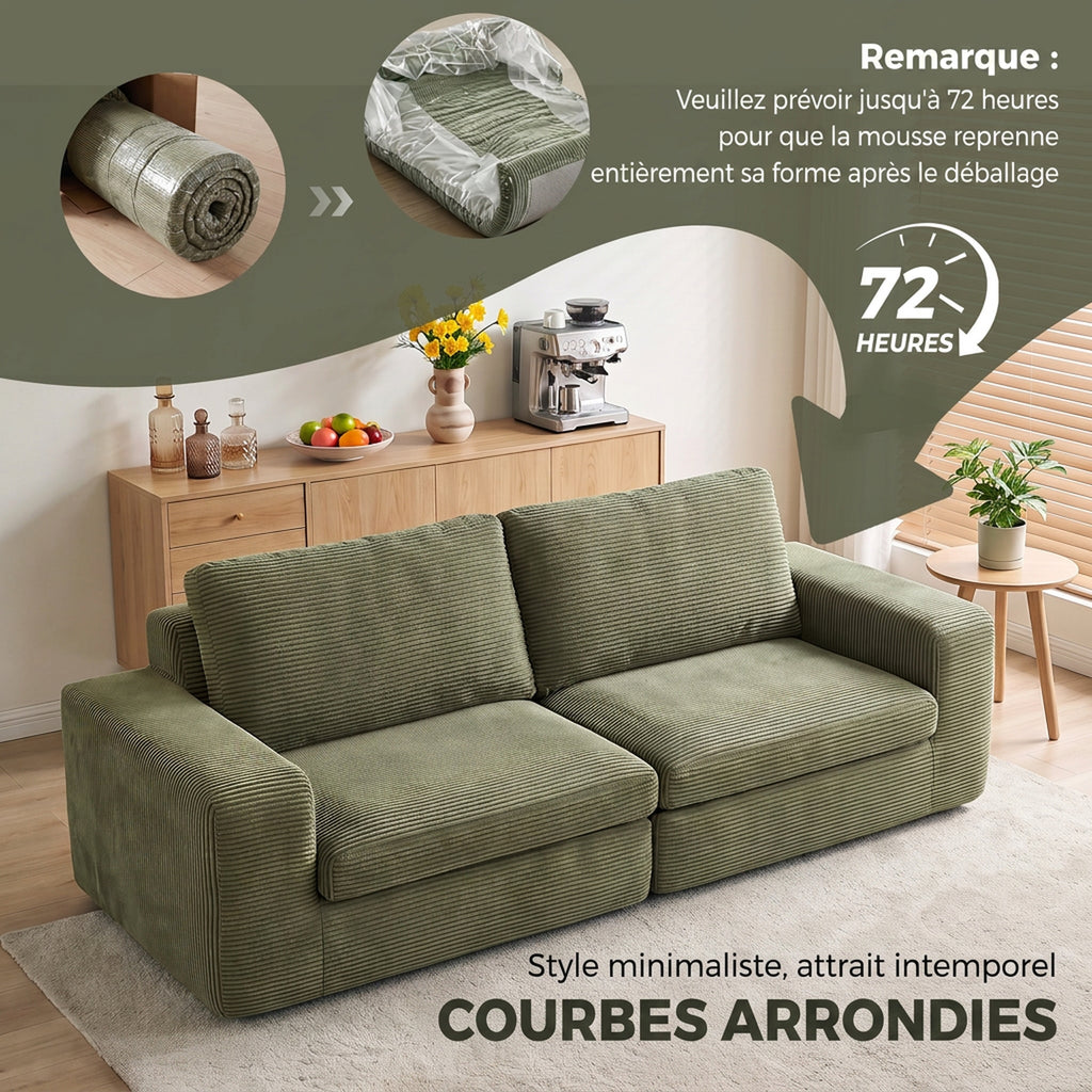 Canapé 3 Places en Velours Côtelé, Canapé de Salon Compressé Moderne 236 cm avec Coussin à Ressorts, Vert