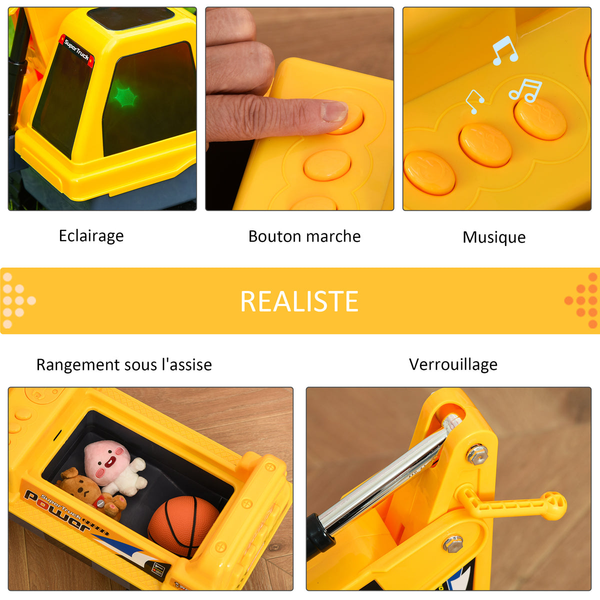 Porteur Enfant tractopelle 2-3 Ans Pelleteuse articulée avec Pince Incluse Effets sonores Lumineux PP Jaune