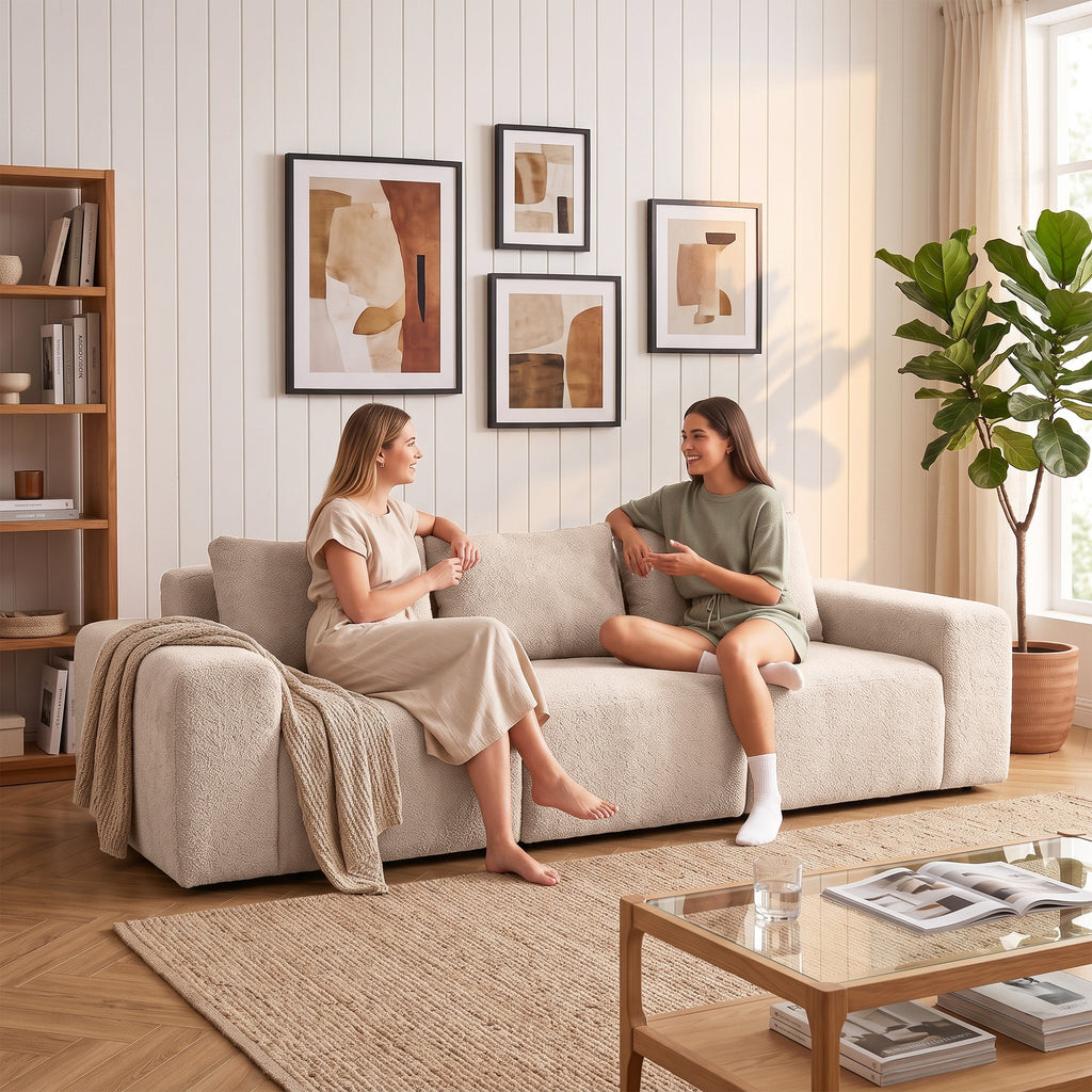 Canapé 3 Places en Chenille 320 cm, Canapé Modulaire, Assise et Accoudoirs Extra-Larges, Entièrement Compressé, Beige