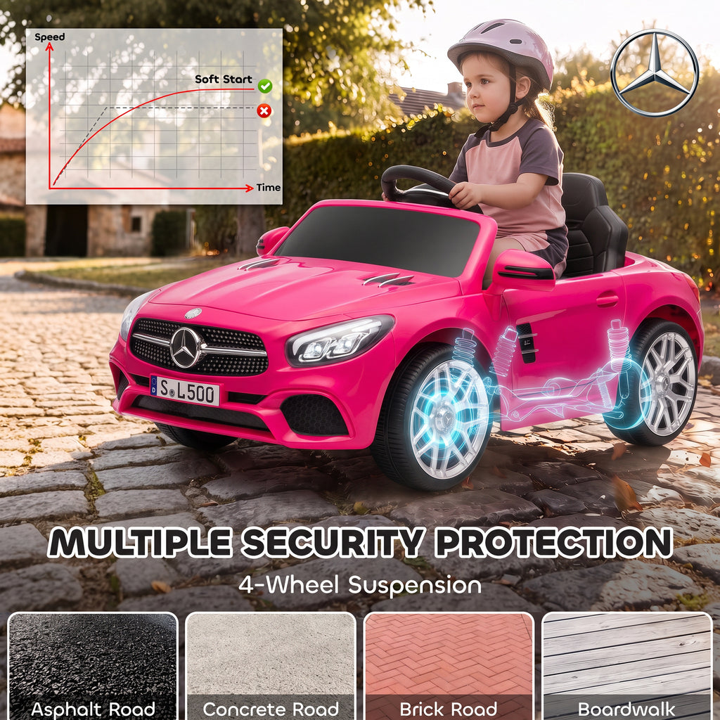 Voiture Électrique Enfants 12V Mercedes-Benz SL500, 3-5 km/h, 2 Moteurs, Télécommande 2,4G, pour 3-5 Ans, Rose