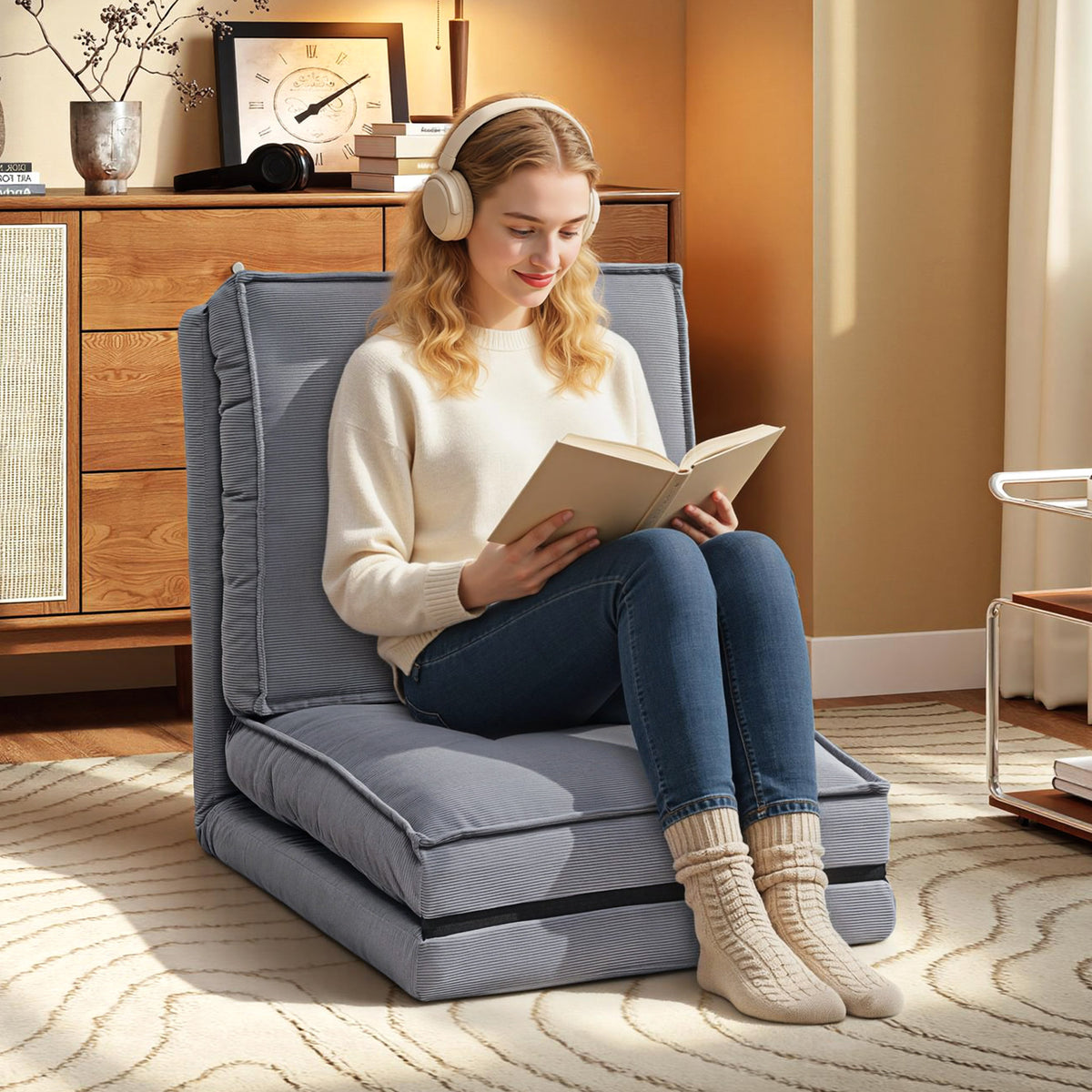 Fauteuil de sol pliable en velours côtelé, matelas de sol avec dossier réglable en 5 positions, 59 x 230 x 15 cm, gris-1
