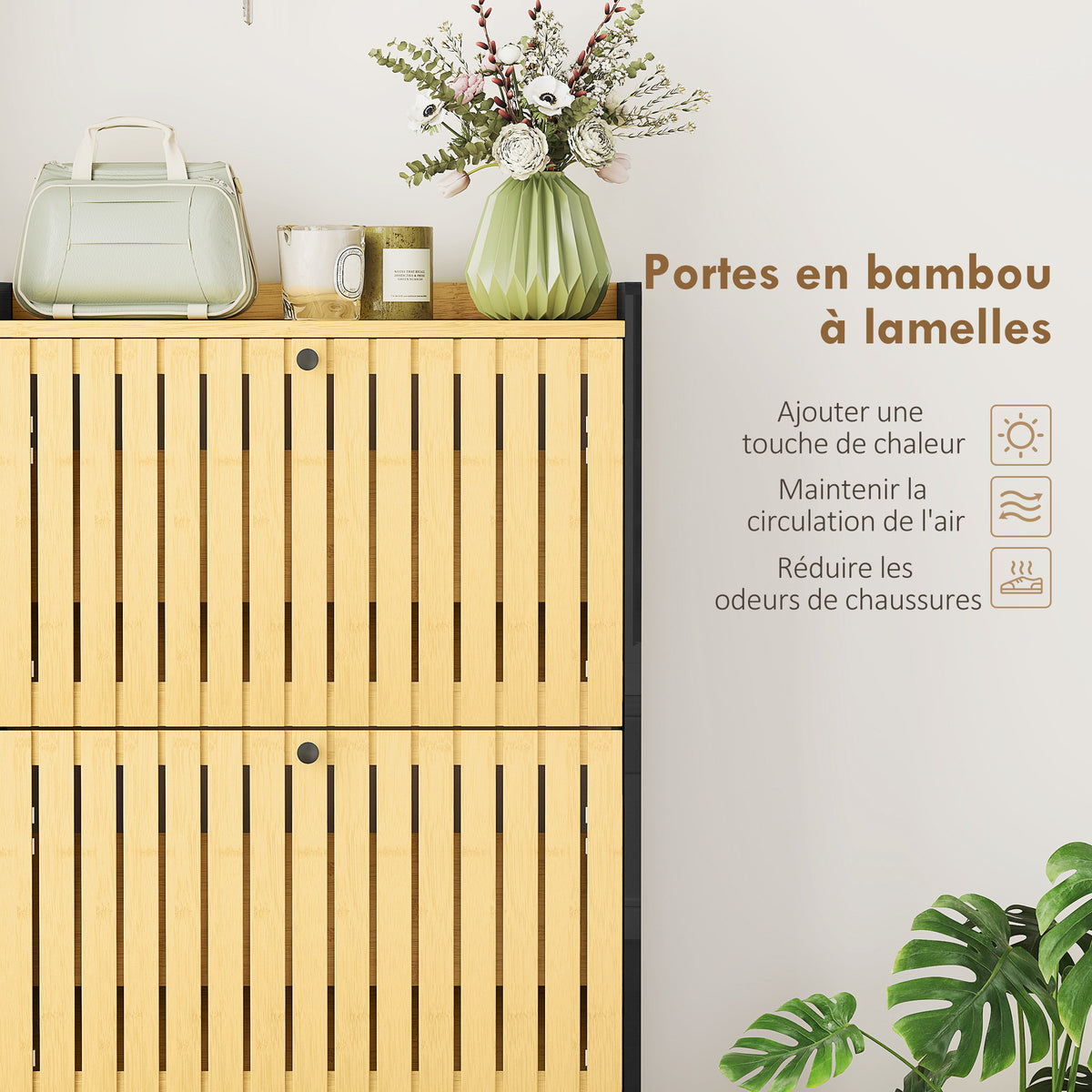Meuble à chaussures 18 paires avec 3 tiroirs rabattables, portes en bambou à lattes, 60x24x118cm, noir et bois naturel-5