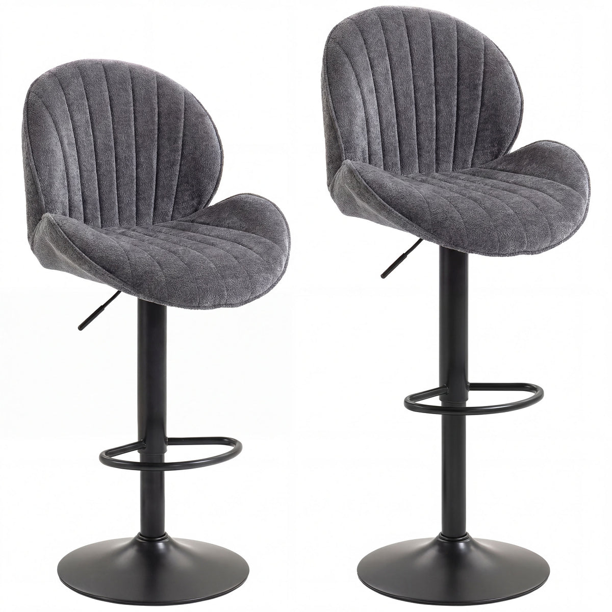 Lot de 2 Tabourets de Bar, Hauteur Réglable, Pivotant 360°, Siège Rembourré, Dossier et Repose-pieds, Gris-0