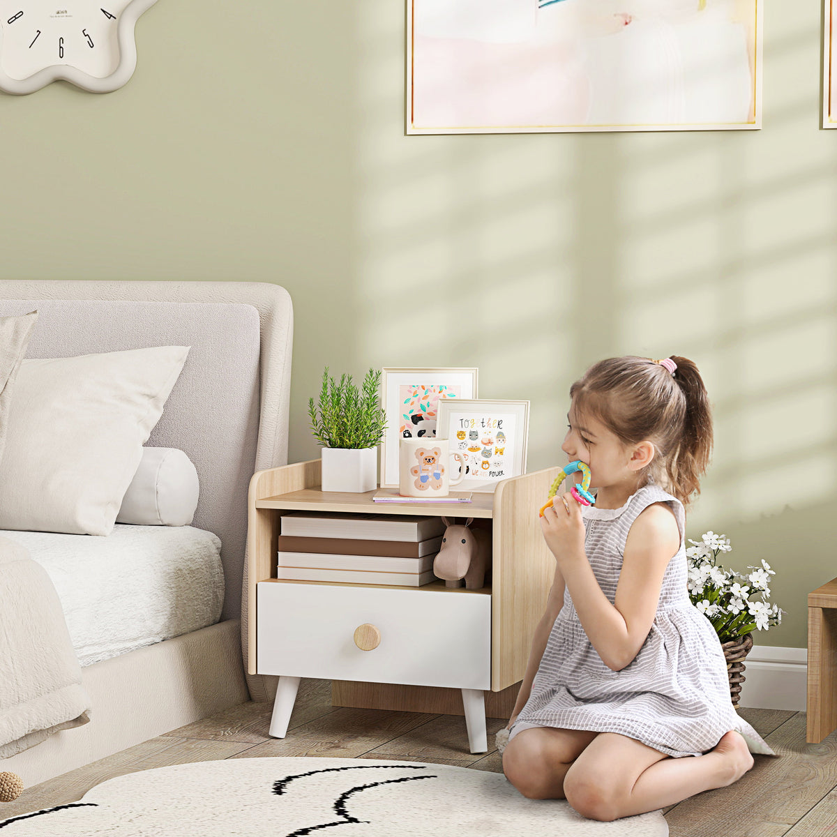 Table de chevet enfant table de nuit enfant avec tiroir et niche, petite table d'appoint en bois pour chambre d'enfant-1