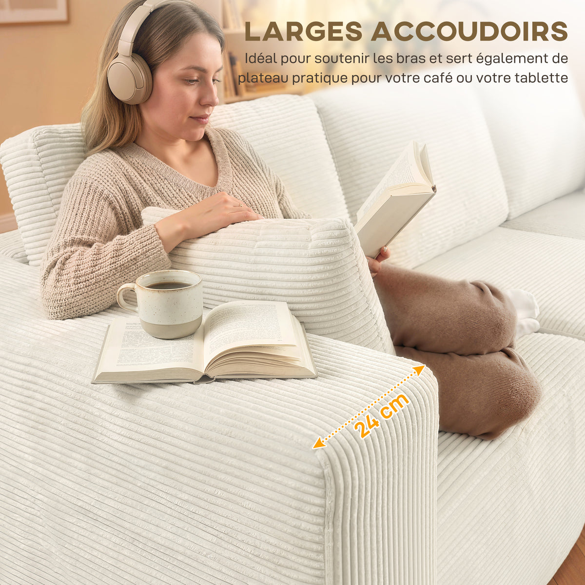 Canapé d'angle modulable 2 en 1, 267cm, canapé-lit 3 places en velours côtelé, larges assise et accoudoirs, crème-6