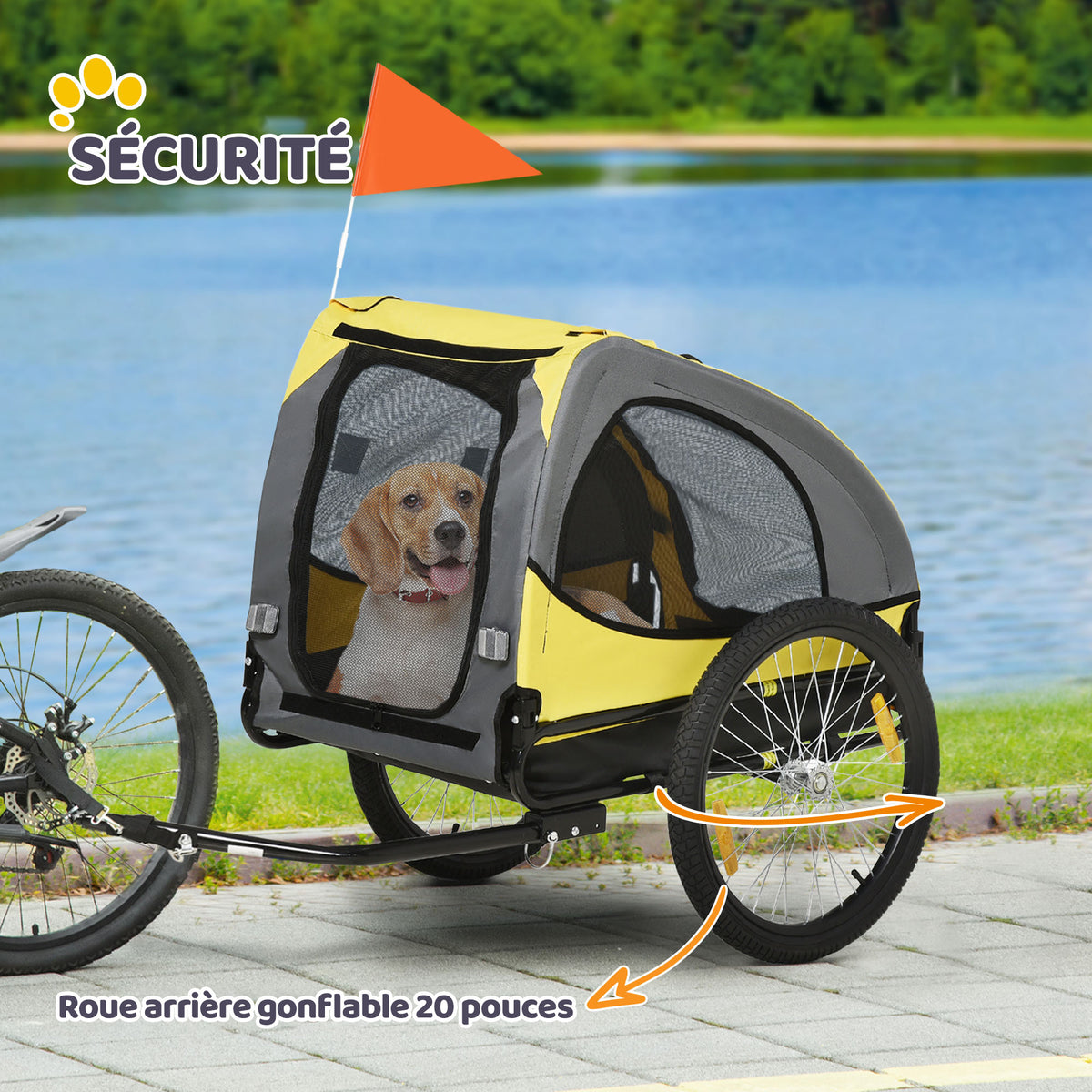 Remorque de vélo pour chien avec fenêtres en maille réflecteurs et drapeau de sécurité 140 x 71 x 83 cm jaune