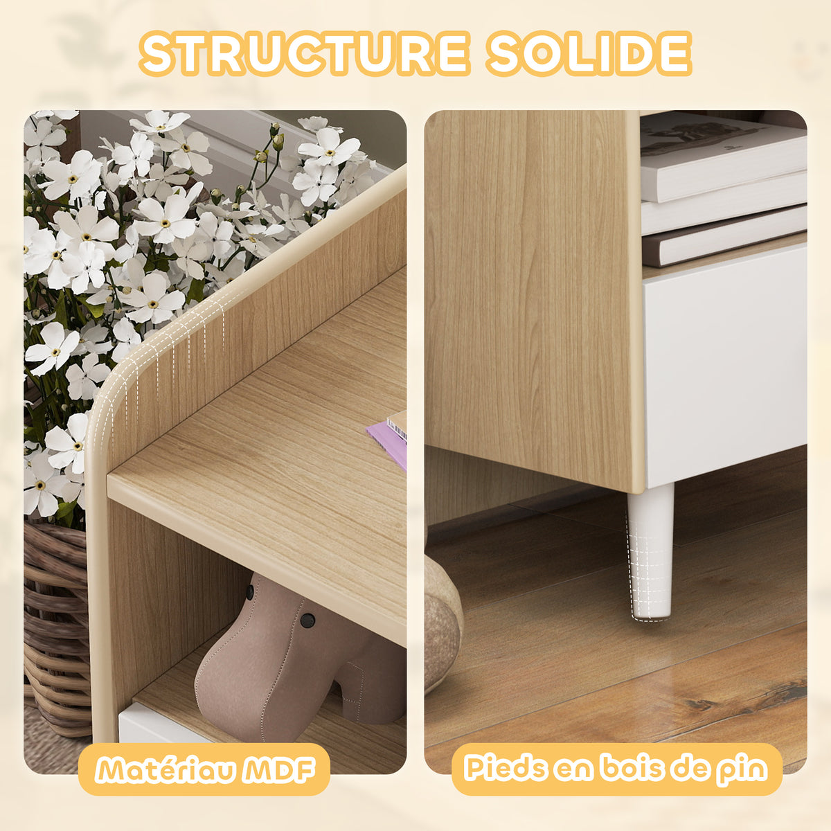 Table de chevet enfant table de nuit enfant avec tiroir et niche, petite table d'appoint en bois pour chambre d'enfant-5