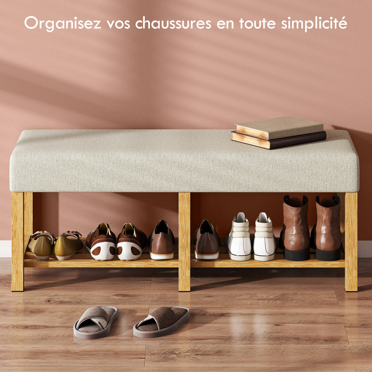 Banc à chaussures, banc de rangement avec siège rembourré, étagère ouverte, bois d'hévéa, 120x44x48cm, bois naturel-4