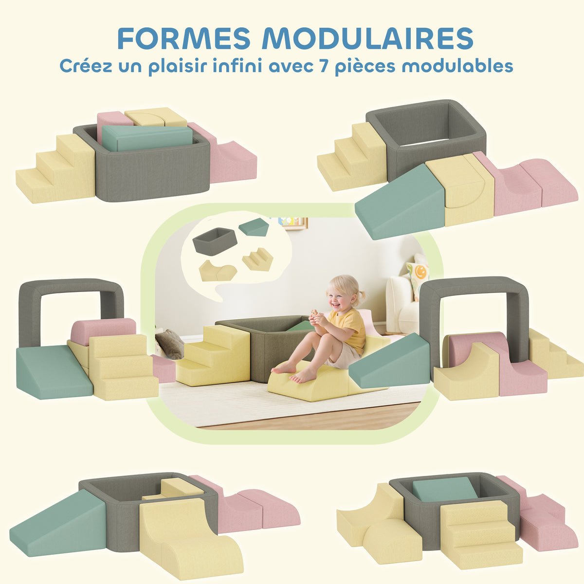 Parcours motricité bébé modulable en mousse 7 pièces housse lavable en velours côtelé 174 x 174 x 30 cm multicolore
