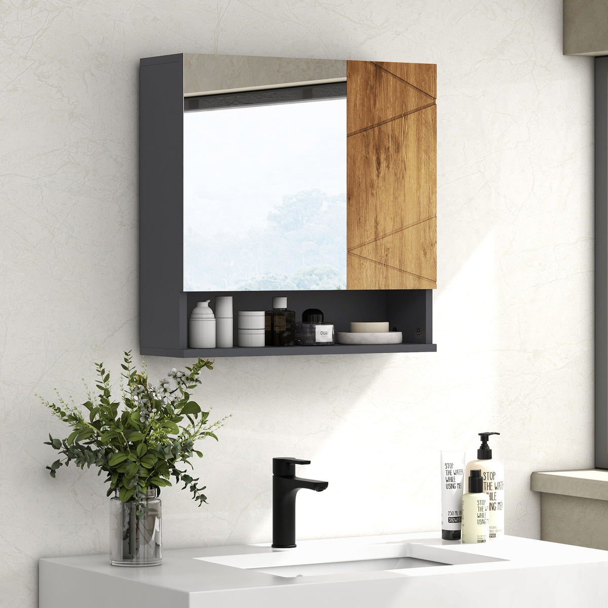 Armoire murale miroir de salle de bain placard de rangement 2 portes 55 x 17 x 55 cm naturel gris foncé-1