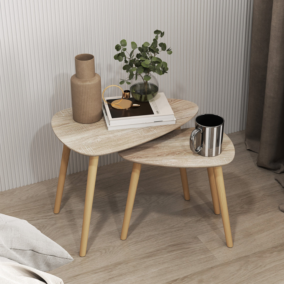 Lot de 2 tables basses gigognes design scandinave pieds en bois et plateau en bois, aspect naturel-6