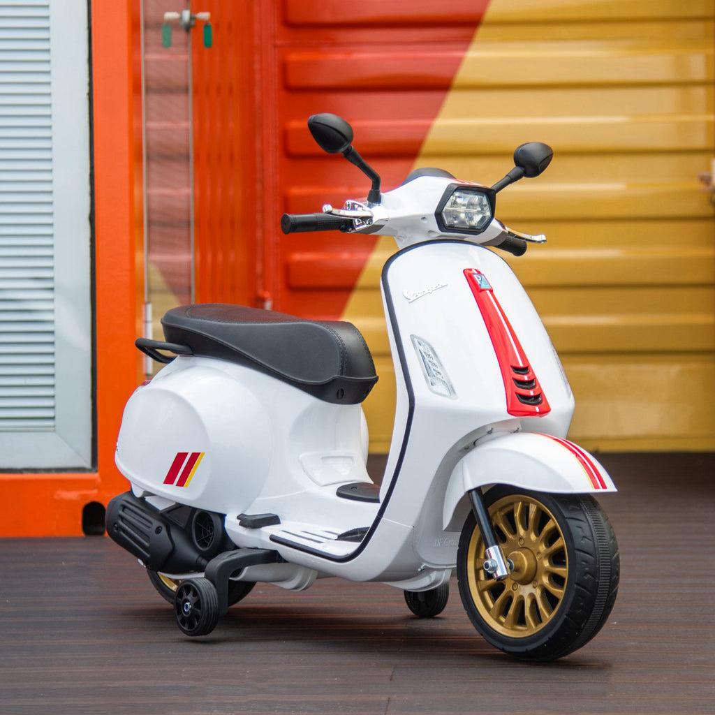 Scooter électrique enfant Vespa 6 V dim. 107L x 47l x 73H cm Musique MP3 Port USB Phare 2 roues d'entraînement - Blanc
