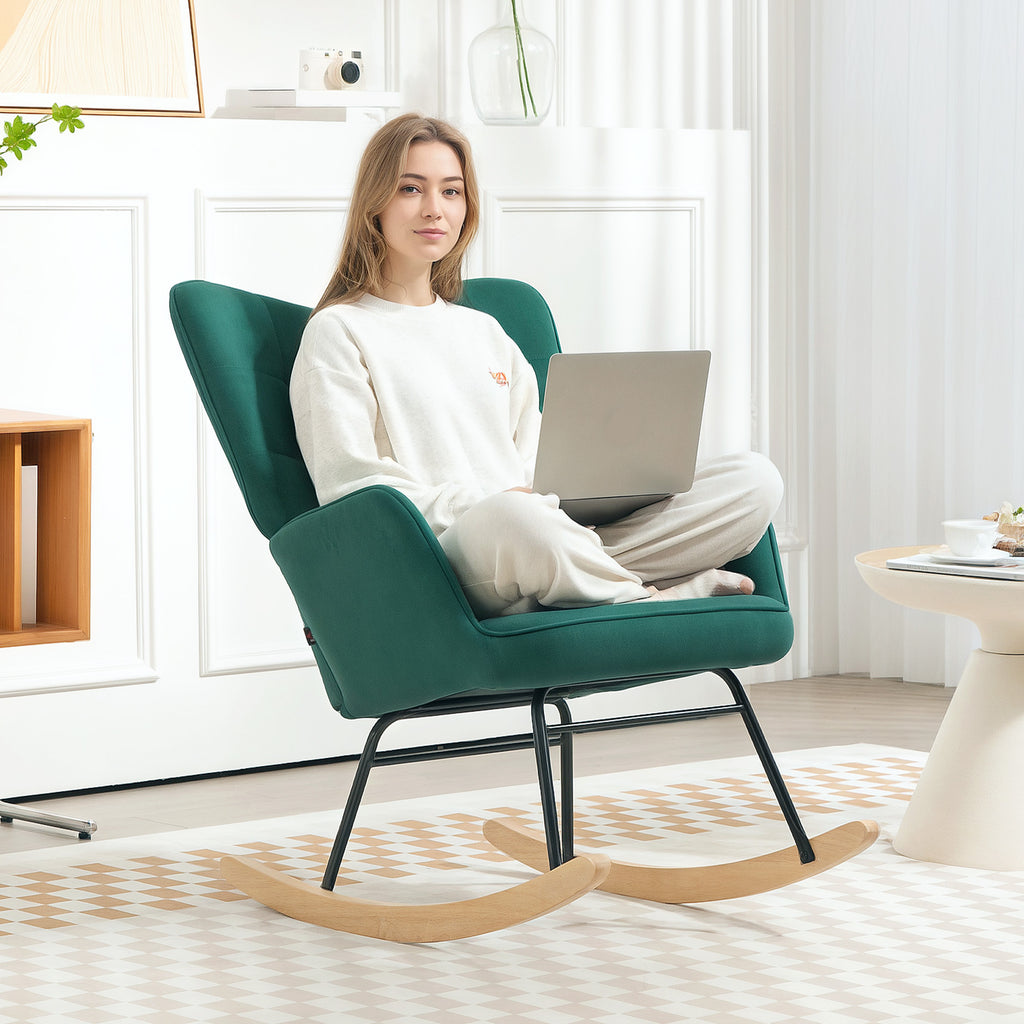 Fauteuil à bascule rocking chair revêtement en velous structure en acier 71 x 98 x 101 cm Vert-7