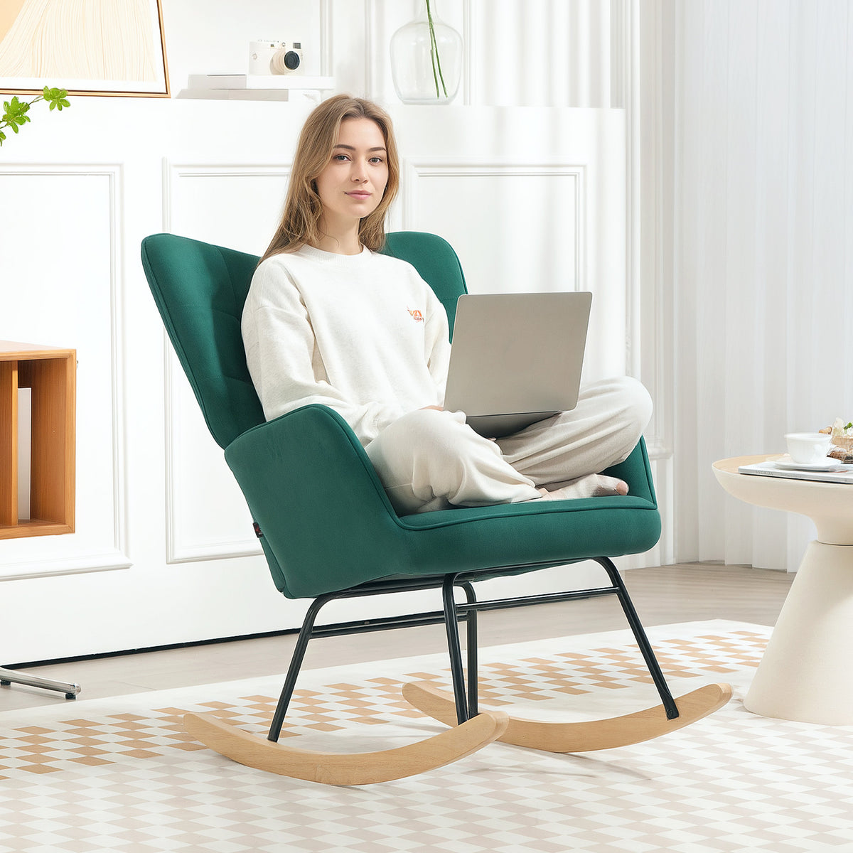 Fauteuil à bascule rocking chair revêtement en velous structure en acier 71 x 98 x 101 cm Vert-7