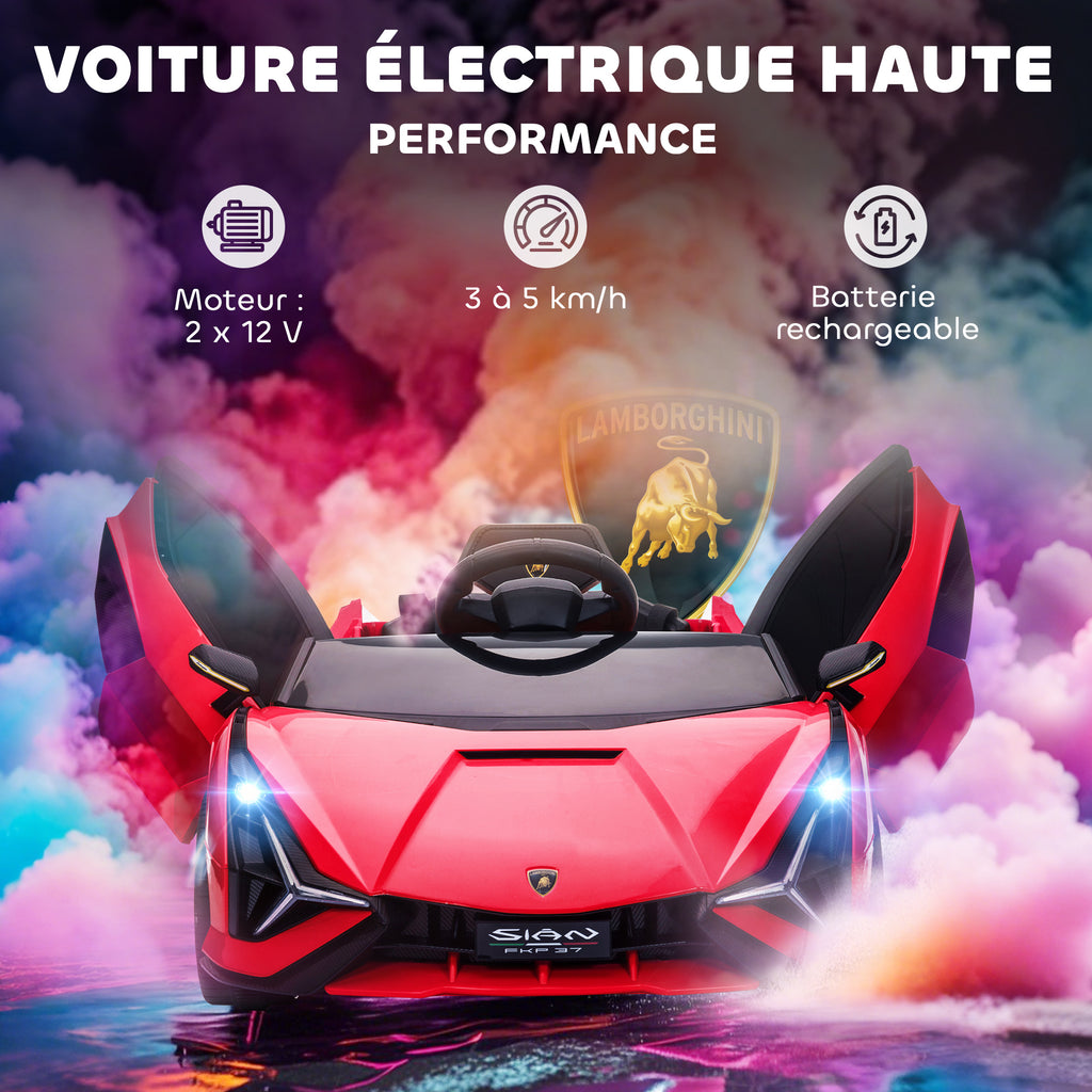 Voiture électrique Enfants de Sport Véhicule électrique Lamborghini Sian 12 V - V. Max. 5 Km/h avec Télécommande 2,4G Effets sonores + Lumineux Rouge