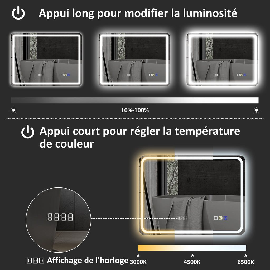 Miroir salle de bain Bluetooth avec éclairage LED 50 x 70 cm, miroir lumineux mural avec horloge, antibuée, argenté-5