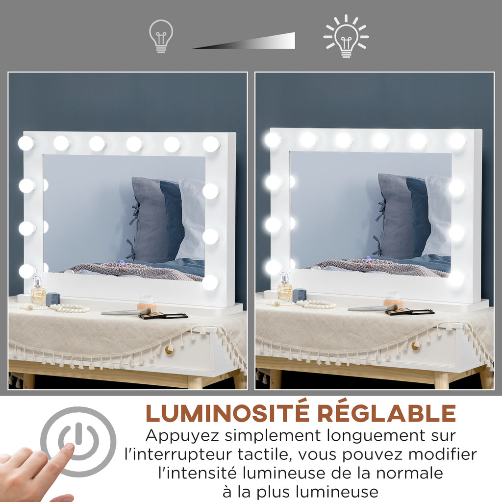 Miroir maquillage Hollywood lumineux 12 LED tactile - luminosité réglable, fonction mémoire - métal MDF blanc verre-4