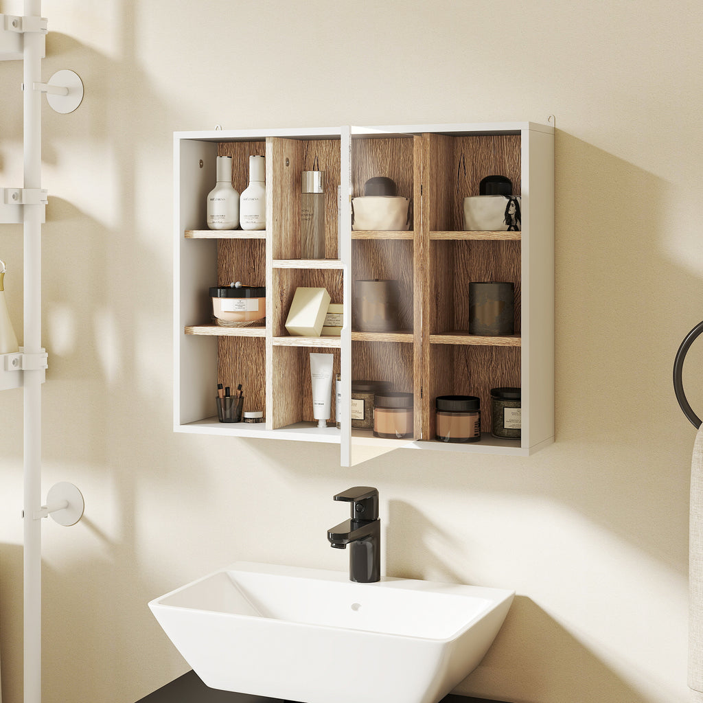 Armoire murale, meuble salle de bain avec miroir, miroir salle de bain avec rangement, placard à portes et 6 compartiments ouverts, 60 x 14,5 x 49,4 cm, blanc-9
