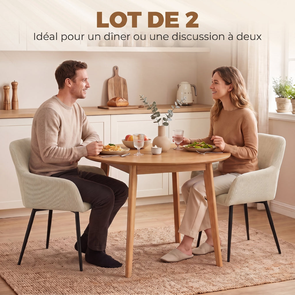 Lot de 2 chaises de salle à manger, chaises de cuisine rembourrées en velours côtelé avec accoudoirs et dossier, crème-3