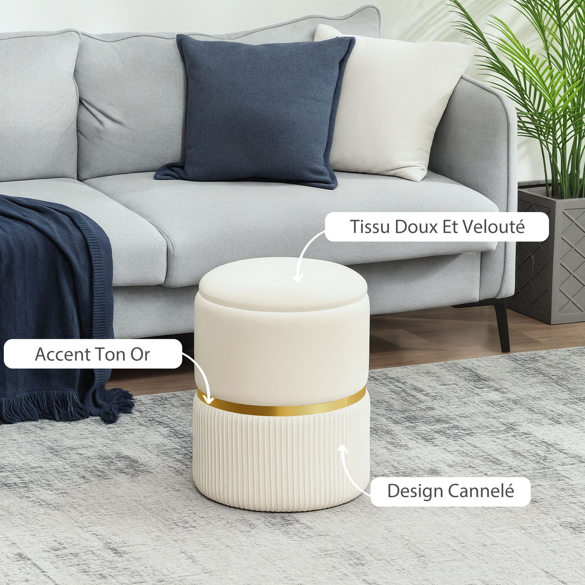 Pouf tabouret repose-pied coffre de rangement en velours côtelé 36 x 36 x 44 cm pour salon chambre beige-4