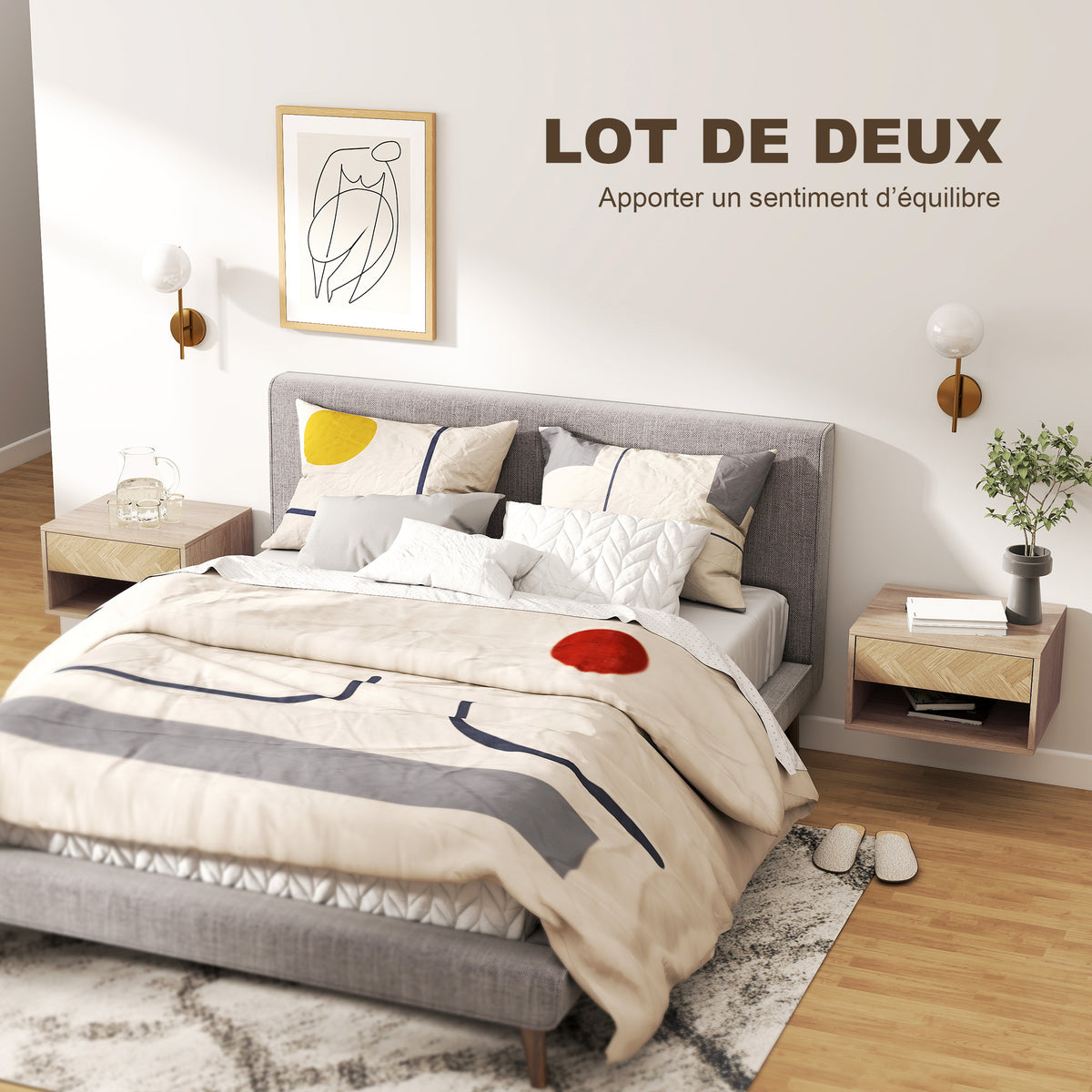 Lot de 2 tables de chevet murales, tables de nuit, tiroir, compartiment ouvert, plateau, 37 x 32 x 21 cm, bois naturel-3