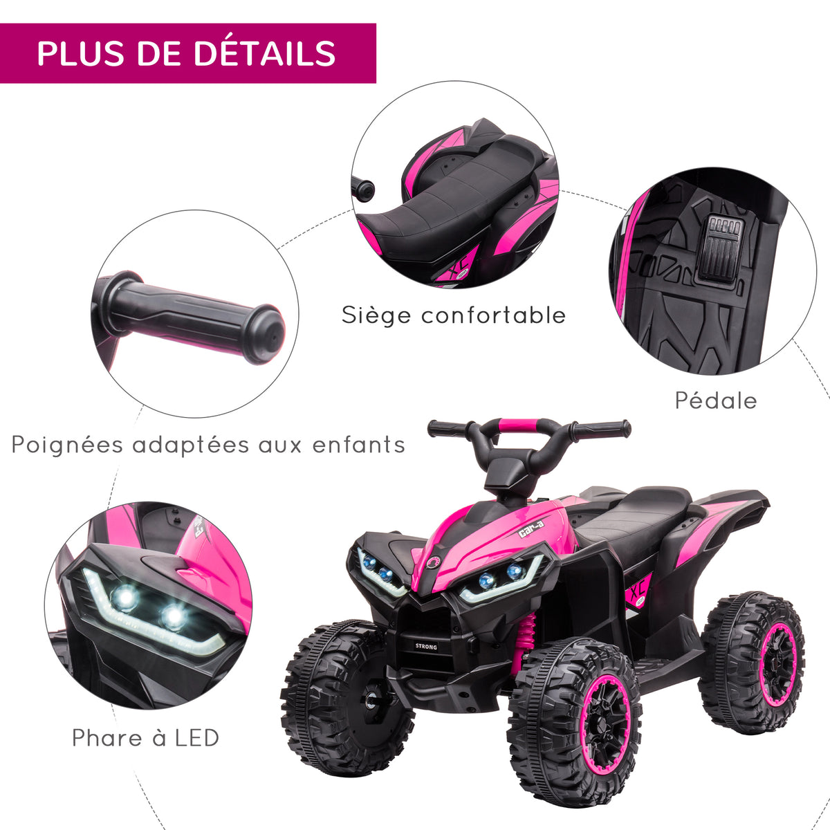 Quad buggy électrique enfant 12 V 6 Km/h max. effets lumineux selle pour enfant 3-5 ans métal PP noir rose