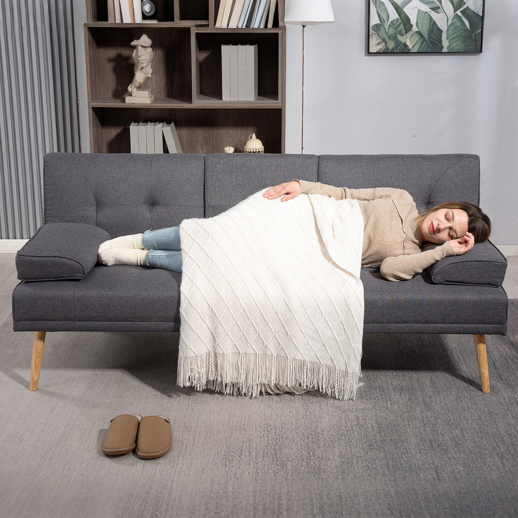Canapé convertible 3 places, canapé-lit rembourré avec dossier réglable 3 niveaux, 2 coussins et 2 porte-gobelets intégrés, tissu de lin, pour salon, chambre d'amis, petit espace, gris foncé-7