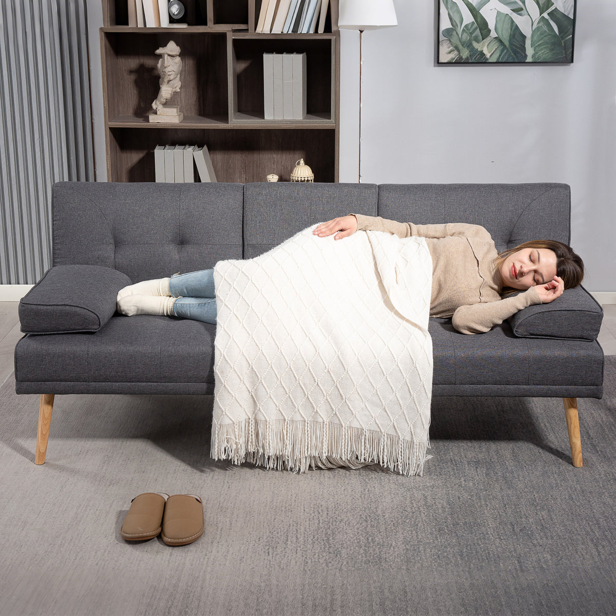 Canapé convertible 3 places, canapé-lit rembourré avec dossier réglable 3 niveaux, 2 coussins et 2 porte-gobelets intégrés, tissu de lin, pour salon, chambre d'amis, petit espace, gris foncé-7