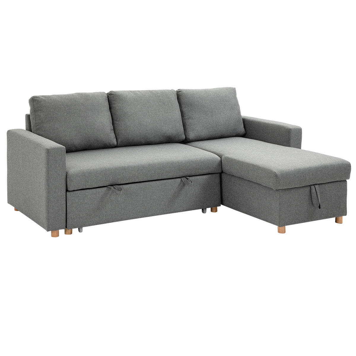 Canapé d'angle convertible canapé lit canapé 3 places modulable avec méridienne réversible, coffre de rangement intégré et 3 coussins de dossier, tissu aspect lin, gris-0