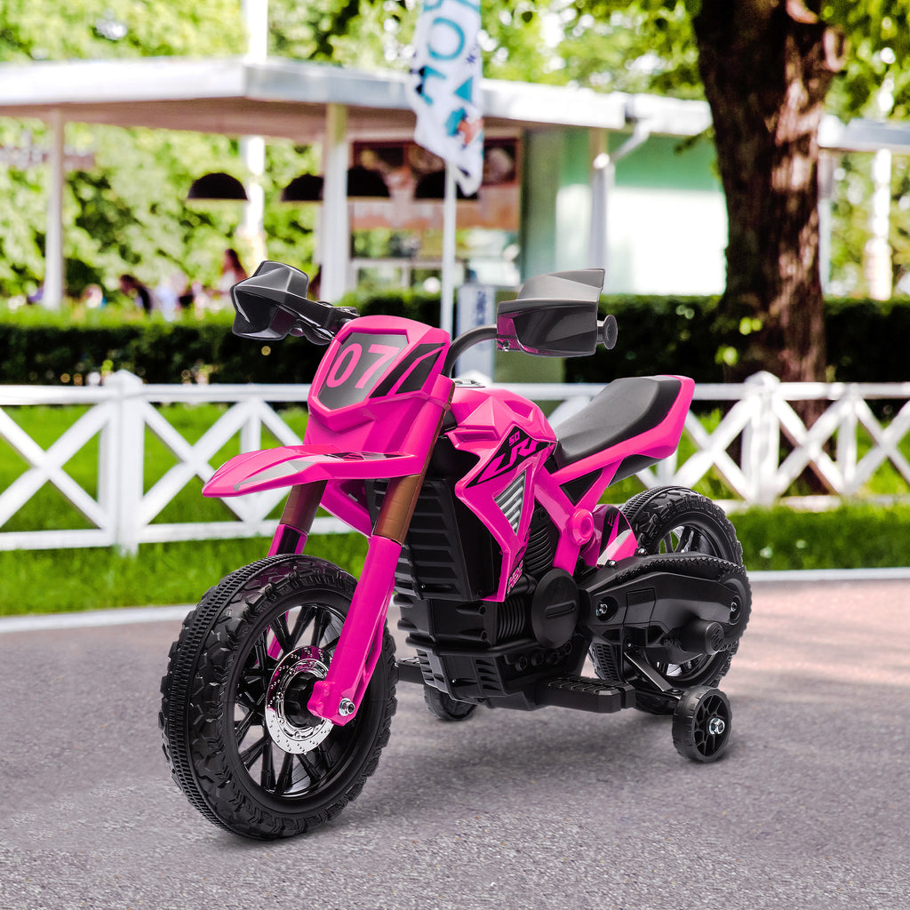 Moto cross électrique pour enfants 3-8 ans, batterie 6 V, 2 moteurs, klaxon et roues d'entraînement, charge 30KG, rose