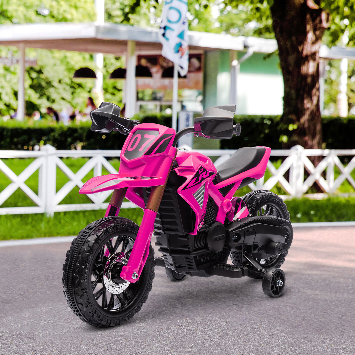 Moto cross électrique pour enfants 3-8 ans, batterie 6 V, 2 moteurs, klaxon et roues d'entraînement, charge 30KG, rose