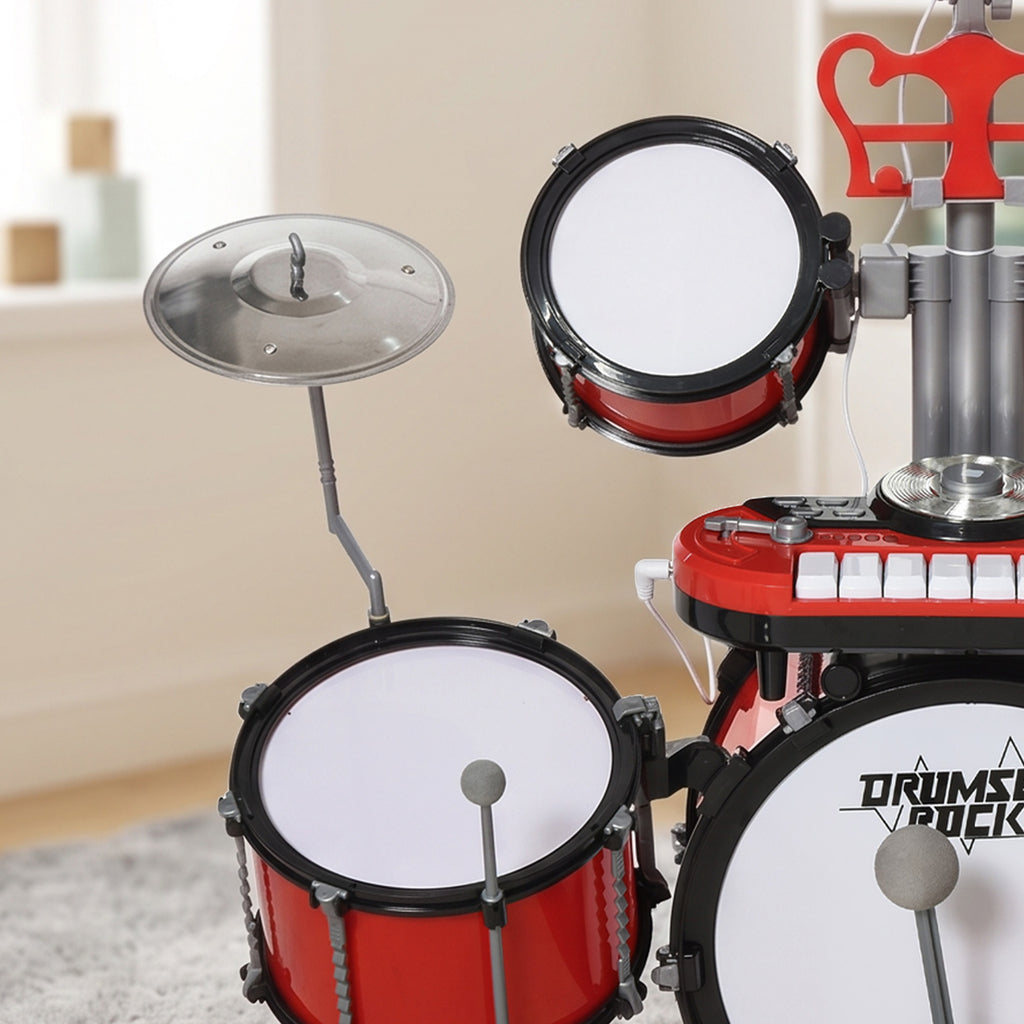 Kit de Batterie pour Enfants avec Tabouret, Clavier Électronique, Microphone, Connecté via USB, 77,5x40x76,5cm, Rouge