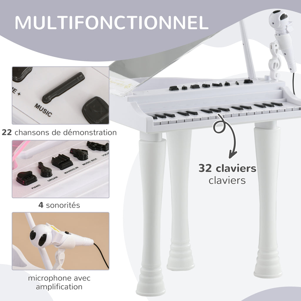 Piano enfant électronique 32 touches multifonctions avec micro haut parleur tabouret couvercle lumineux LED blanc