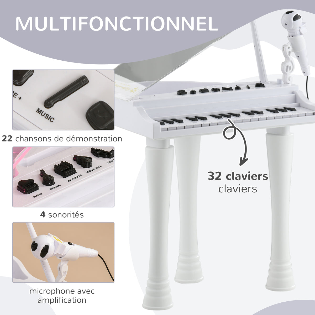 Piano enfant électronique 32 touches multifonctions avec micro haut parleur tabouret couvercle lumineux LED blanc