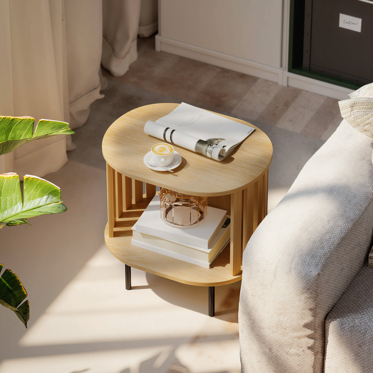 Ovális Éjjeliszekrény Nyitott Polccal – Skandináv Design, 55 kg Teherbírás