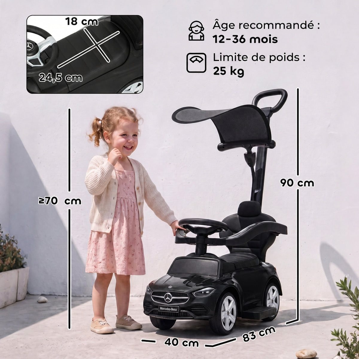 Porteur Enfants 3 en 1 Mercedes-Benz sous Licence, Garde-Corps, Espace de Rangement, Klaxon, 83x40x90cm, Noir