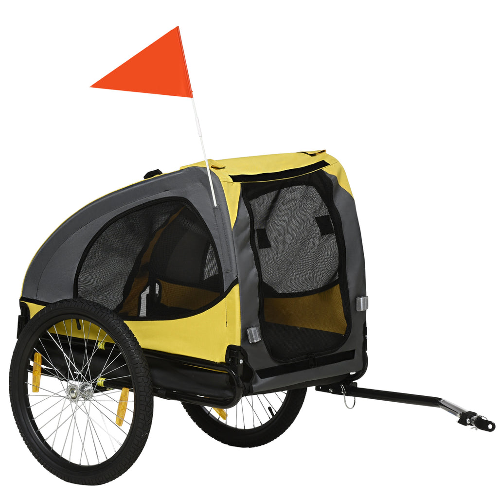 Remorque de vélo pour chien avec fenêtres en maille réflecteurs et drapeau de sécurité 140 x 71 x 83 cm jaune