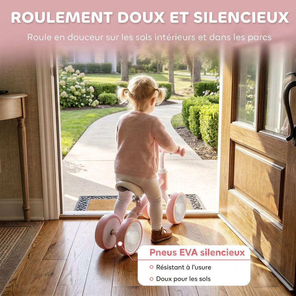 Draisienne Bébé 1-2 Ans, 4 Roues Lumineuses, Siège Réglable, Direction Limitée, Pneus EVA Silencieux, 52x22x37cm, Rose
