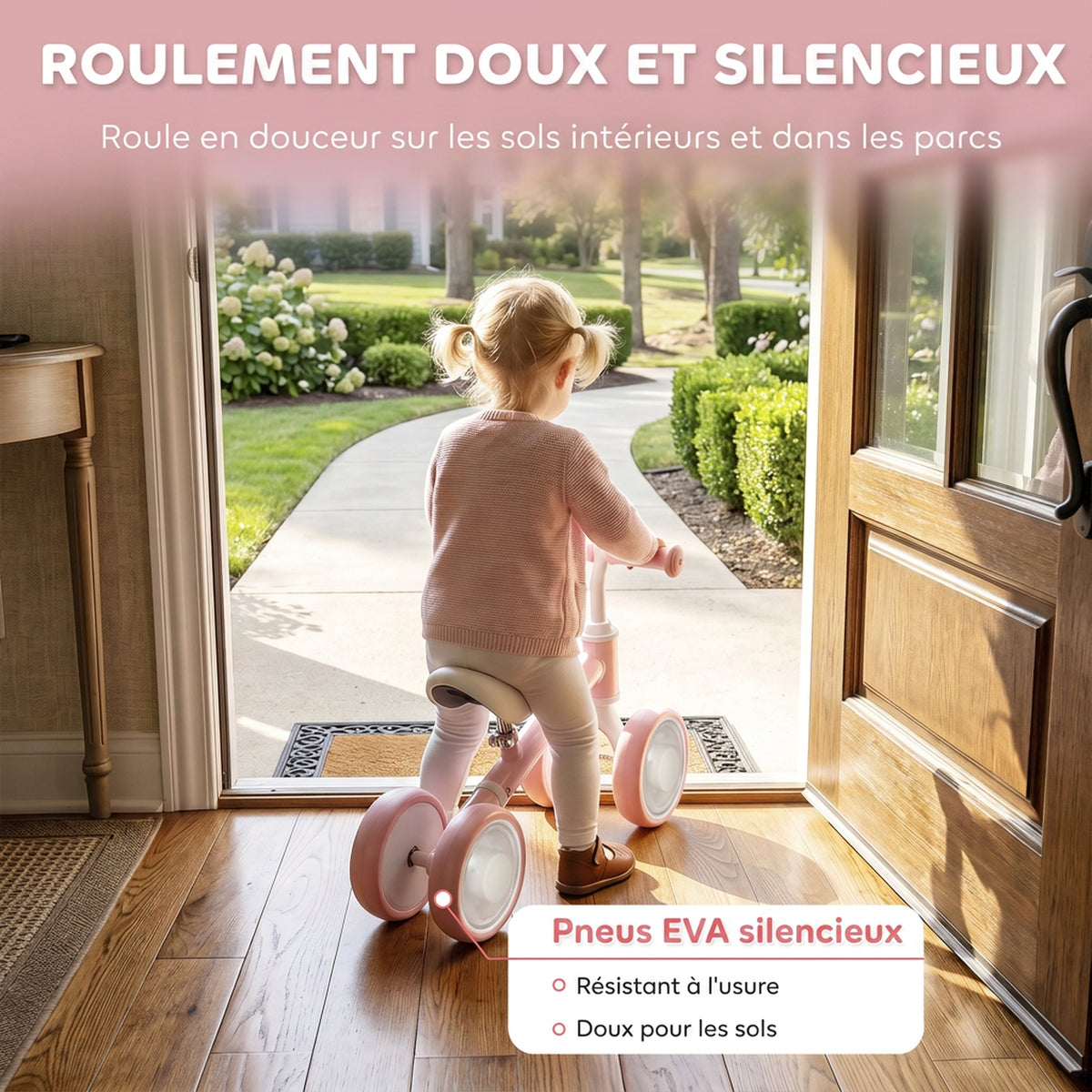 Draisienne Bébé 1-2 Ans, 4 Roues Lumineuses, Siège Réglable, Direction Limitée, Pneus EVA Silencieux, 52x22x37cm, Rose