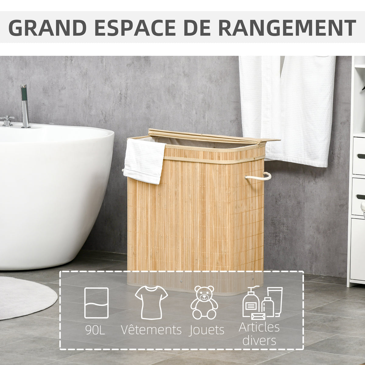 Panier à linge en bambou avec couvercle et poignées capacité 90 litres avec 2 sections et un sac amovible en tissu - 54,2 x 35,2 x 59,5 cm-3