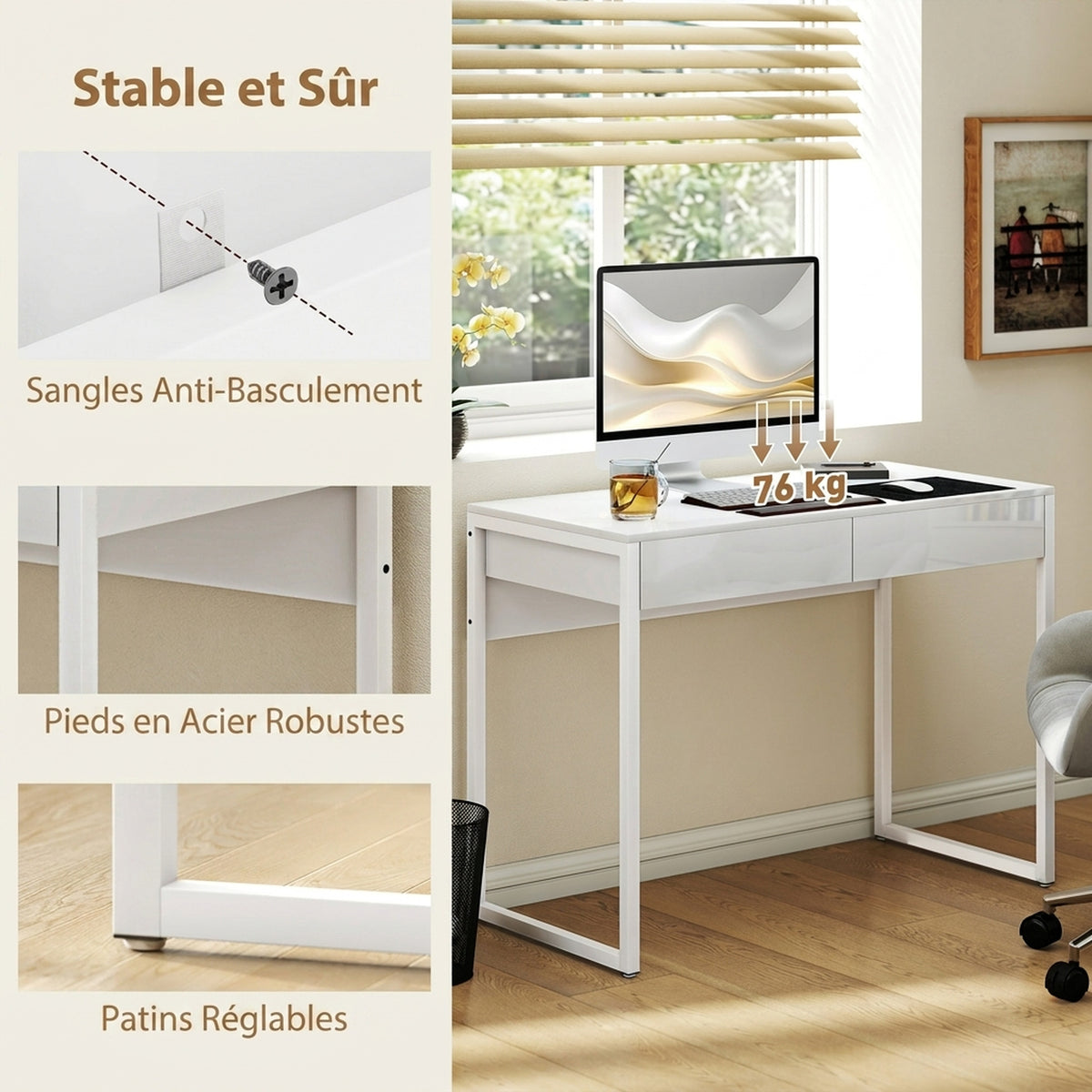 Bureau avec 2 tiroirs, table d'ordinateur 100 x 50 cm, bureau moderne pied en acier, pour petits espaces, blanc brillant-5