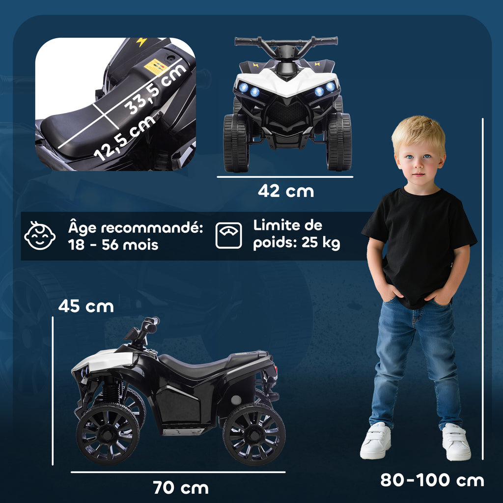 6 V-os elektromos gyerek quad zenével és LED-fényszórókkal, fehér–fekete